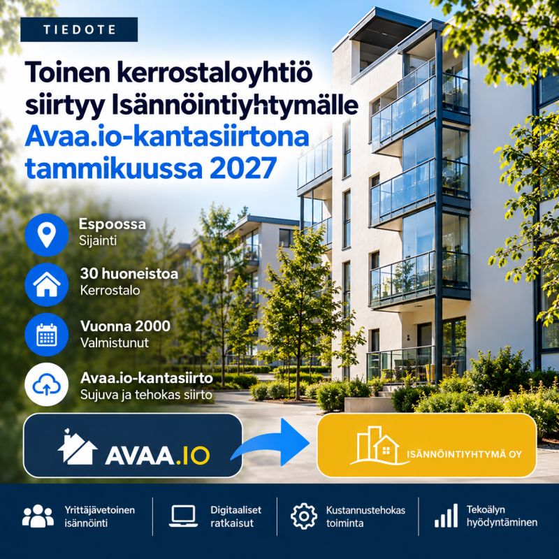 Isännöintiyhtymälle siirtyy toinen kerrostaloyhtiö Avaa.io-kantasiirtona 1.1.2027